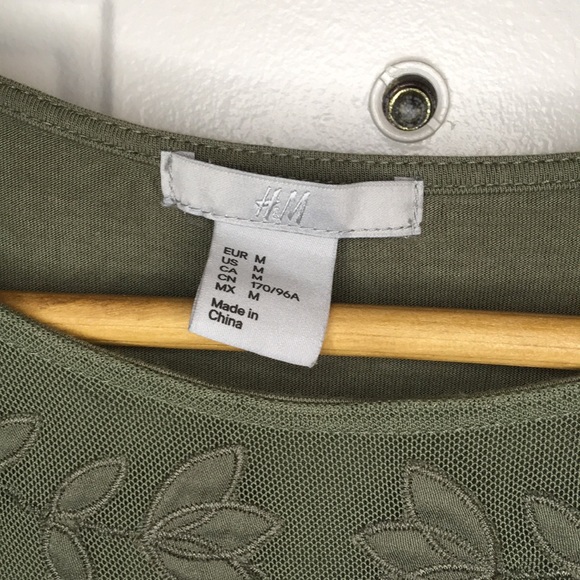 H&M Olive Green Mesh Embroidered Leaves Cap Sleeve Top Army Green Blouse Lace - Picture 3 of 7